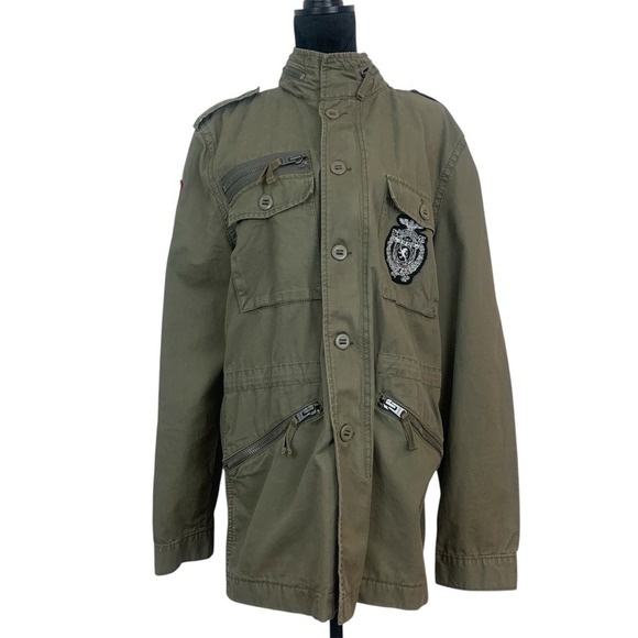 Express Jackets & Blazers - Express Women’s L Olive Green Crest Patch Utility Jacket Streetwear Punk Grunge